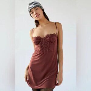 Urban Outfitters Chocolate Brown Lace Bustier Sleeveless Mini Dress Sz L NWT